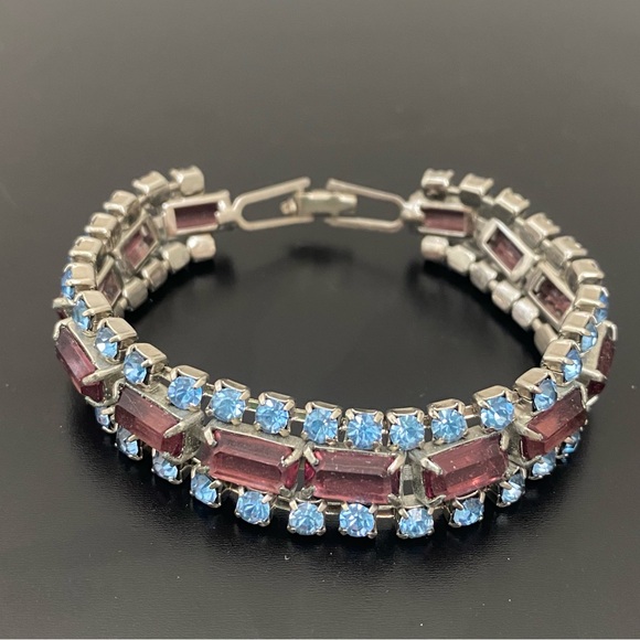 Vintage Unsigned Pave Topaz & Amethyst Rhinestones 7” Bracelet 18g. - Picture 4 of 16